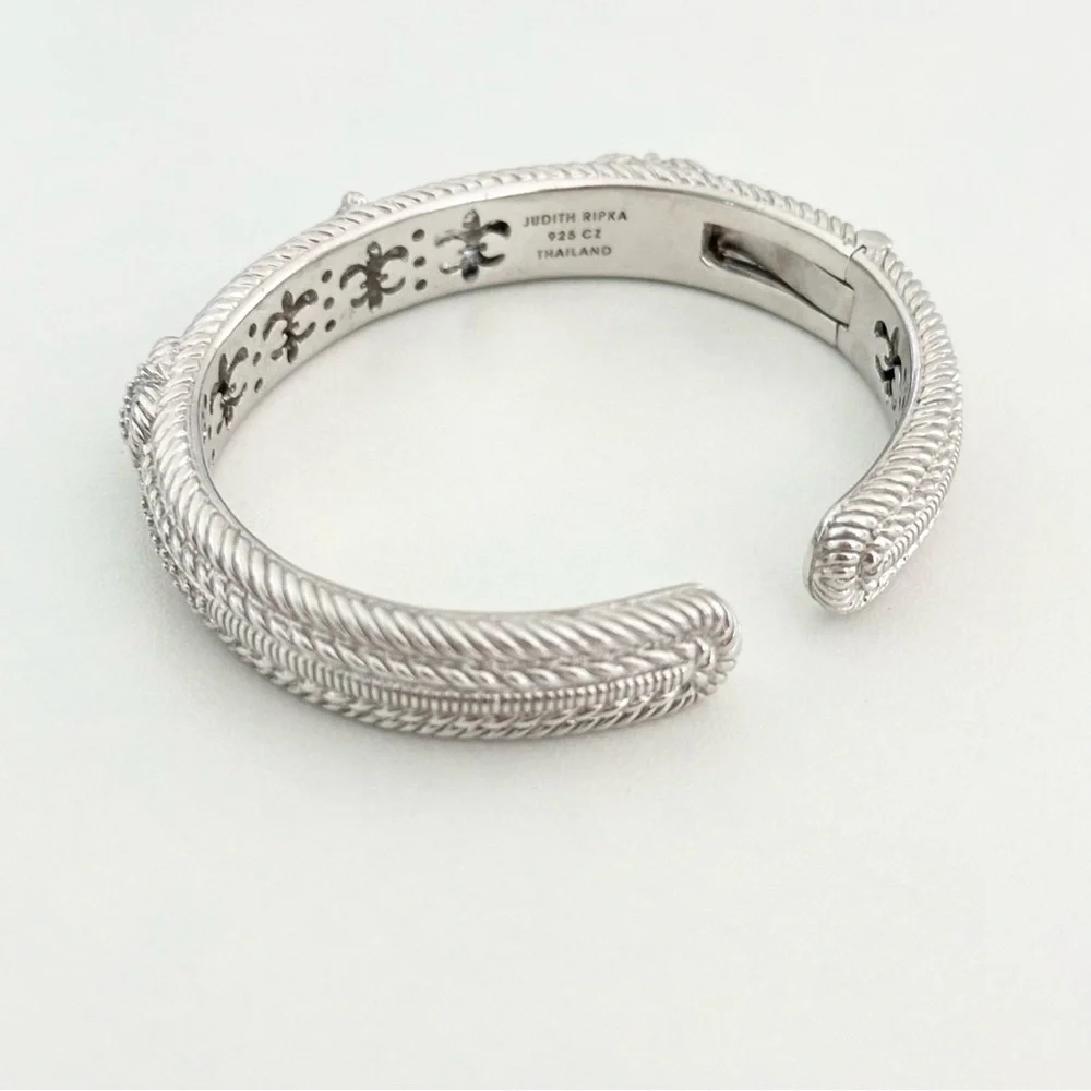 Judith Ripka Clear CZ Triple Heart Diamonique Heavy Silver Cuff Bracelet
